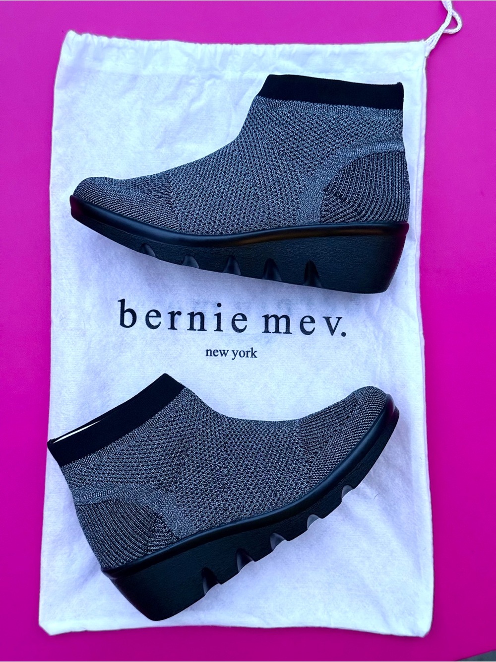Bernie Mev Camryn Black Metallic Knit Wedge Ankle Booties Comfort Shoes NWOB 36